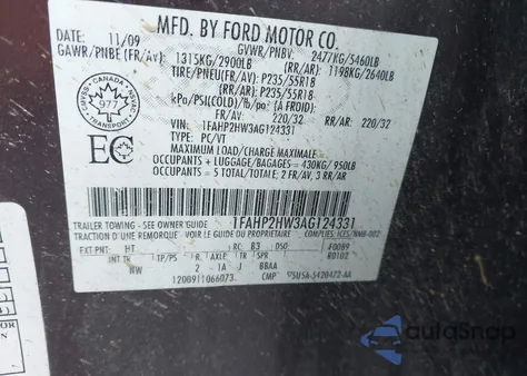2010 Ford Taurus Sel from USA, damaged, VIN 1FAHP2HW3AG124331